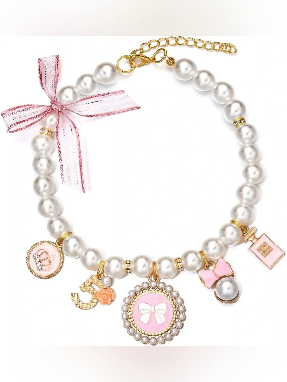 Cute Pearl Dog Cat Collar Necklace Pink and Gold Charms Pet Jewelry Adjustable